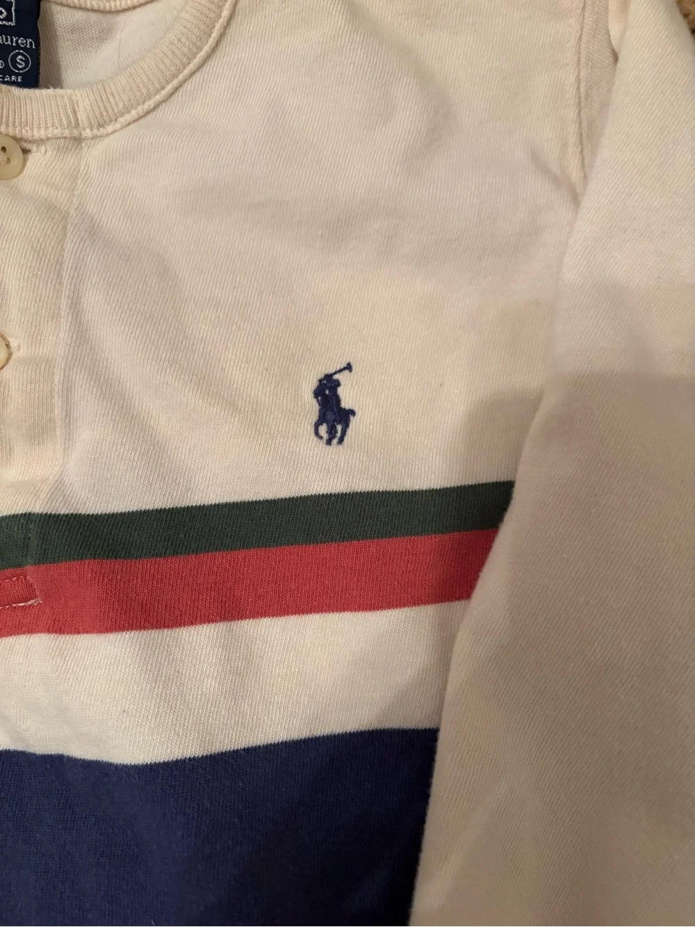 Ralph Lauren Boys Polo Cream Long Sleeve Henley with Red, Green & Blue Stripes S
